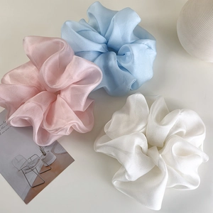 Oversized organza scrunchies set in pink, blue and white with glossy sheer texture