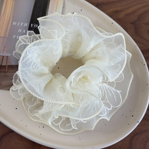 Eleganter beiger Organza-Haargummi mit Blumenstickerei und mehrschichtigen Falten