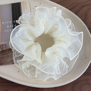 Koreanischer Stil Beige Organza Blume Spitze Scrunchie Doppelschicht Gefaltete Netz Haargummi Floral Damen Haarschmuck