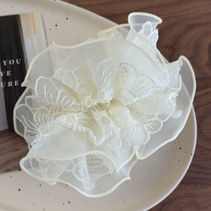 Eleganter beiger Organza-Haargummi mit Blumenstickerei auf einem Keramikteller