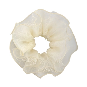 Eleganter Haargummi aus cremefarbener Organza mit Blumenstickerei und doppelter Falte