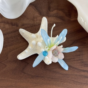 Detailed close-up of a beach style hair clip with starfish and blue flower accents