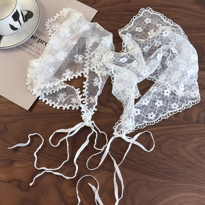 French retro creamy white lace triangle scarf belt for dresses with floral bow patterns
