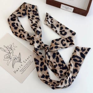 Close-up of leopard print twilly silk scarf styled with vintage accessories on white background