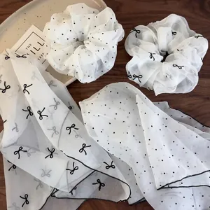 Chouchous en Maille Style Coréen Noeud Papillon Motif Pois Bandeau en Organza Pour Femmes Accessoires de Cheveux Élégants