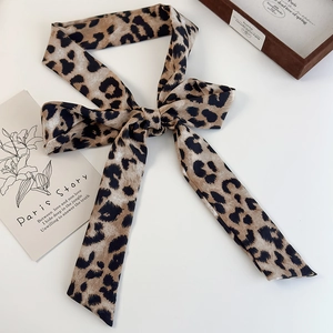 Detail of silk leopard print scarf tied in a bow with elegant vintage Paris card