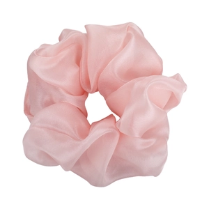 Pink oversized organza hair scrunchie with soft pleats and glossy finish on white background