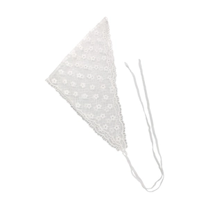 Elegant white lace triangular scarf with floral embroidery and wavy scalloped edges
