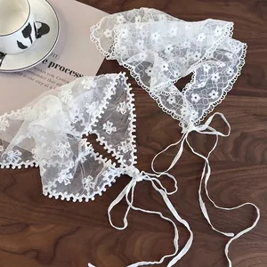 French Pastoral White Lace Triangle Headscarf For Women Hollow Floral Embroidery Hair Scarf Retro Lace Headband Hair Accessories