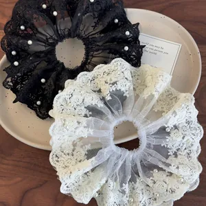 Chouchou En Dentelle Avec Künstliche Perles D'Imitation Broderie Florale Élégant Accessoire De Cheveux Rétro Français