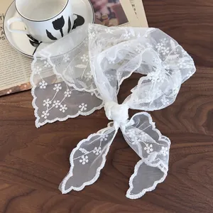 French vintage white lace floral scarf headband and neckerchief with embroidery