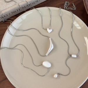 Minimalist silver snake chain necklaces with geometric heart and pearl pendants