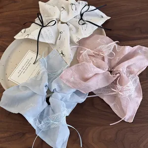 Ballet Style Ribbon Bow Scrunchie With Lace Trim Large Fabric Hair Tie Elegant Sweet Floral Pattern Ponytail Holder For Women Girls
