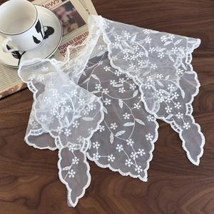 French vintage white lace floral scarf with elegant embroidery on wood background