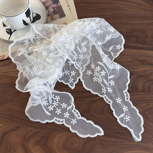 French vintage white lace floral scarf with delicate daisy embroidery and scalloped edges