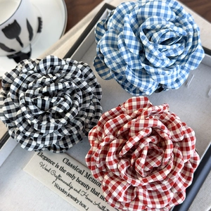 French vintage plaid floral hair claw clips in red, blue, and black for women hairstyles