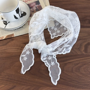 French Vintage Lace Flower Headscarf For Women White Elegant Embroidery Hair Band Bandana Scarf Ribbon Headpiece Neck Scarf