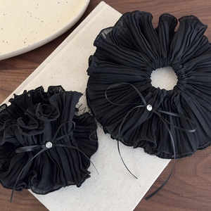 French vintage oversized black pleated scrunchies with mesh bow and rhinestone accents