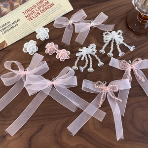 Pink silk ribbon bow shoe charms with crystal beads for ballet style sneakers