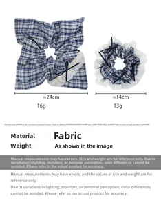 Size chart for blue checkered bow hair tie and scrunchie set with fabric dimensions