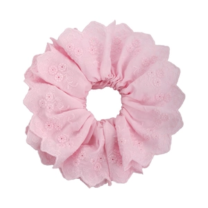 Elegant pink floral embroidery lace scrunchie with hollow petal edges for women