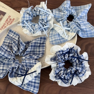 Blue Plaid Fabric Scrunchies For Women Korean Style Lace Ruffle Hair Ties With Bow Sweet Checkered Elastic Hair Bands