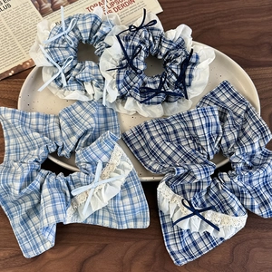 Blue plaid scrunchie set with white lace trim and bow knot detail for hair styling
