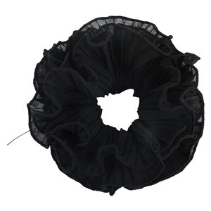 Oversized black mesh ribbon hair scrunchie with layered ruffle design on white background