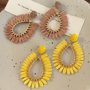 Bohemian Raffia Woven Waterdrop Earrings Handmade Alloy Straw Braided Hollow Out Dangle Earrings For Women Vacation Beach Jewelry