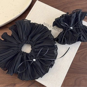 French Vintage Large Black Mesh Bow Rhinestone Scrunchie Elegant Double Layer Pleated Hair Tie Accessories For Women
