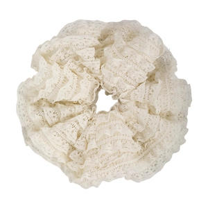 Elegant cream ruffled lace scrunchie for women with layered floral mesh texture