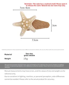 Detailed view of a natural starfish hair clip with dimensions and woven straw base