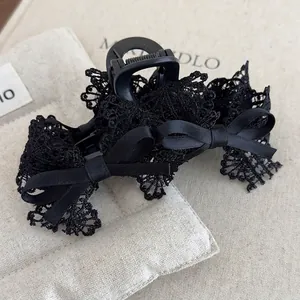 French Vintage Black Lace Bow Hair Claw Large Satin Ribbon Shark Clip Elegant Hairpin Accessories For Women Daily Styling