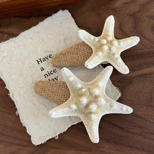 Natural Starfish Hair Clip With Straw Braid Base Bohemian Beach Style Hairpins Vacation Accessories For Women Handmade Sea Star Headpiece