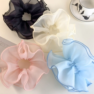 Elegant set of 4 large organza hair scrunchies in black, white, pink and blue pastel tones