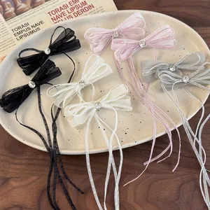 Ballet Style Mesh Bow Hair Clip With Long Streamers Rhinestone Elegant Sweet Duckbill Clip Tassel Hair Accessory For Women