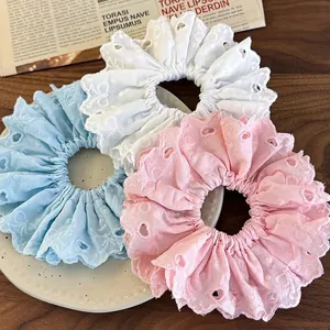 Sweet Cotton Eyelet Lace Embroidery Scrunchies Heart Bow Pattern Large Elastic Hair Ties For Women Girls Daily Accessories