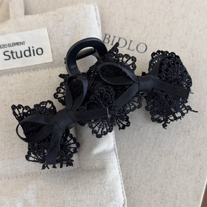 Elegant French style black lace bow hair claw clip with intricate floral mesh details