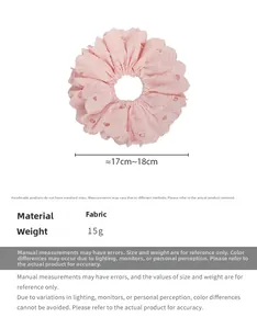 Pink lace heart embroidered scrunchie detail showing 17cm-18cm diameter and 15g weight