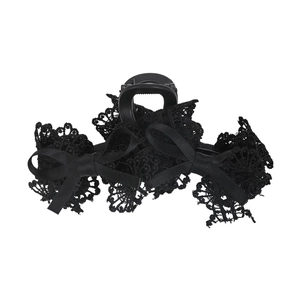 Elegant French style black lace bow shark hair claw clip with floral crochet details