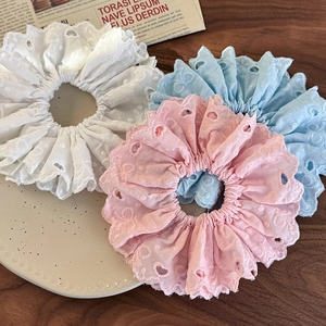 Three-piece set of embroidered lace scrunchies in white, blue and pink colors