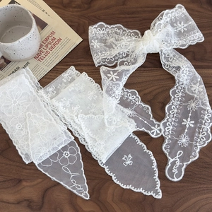Détail du ruban à cheveux en dentelle blanche avec broderie florale sur bois