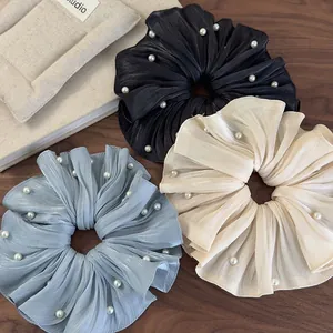 Chouchous Larges Élégants Tissu Satiné Plissé Imitation Künstliche Perle Élastique Vintage Français Luxueux Accessoires Coiffure Femmes
