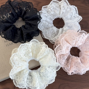 Elegant multi-layer lace scrunchies in black, white and pink for sweet hair styling
