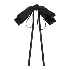French vintage black camellia bow hair clip with elegant satin ribbons for women
