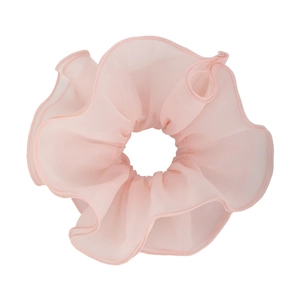 Pink double-layered organza scrunchie with ruffled edges for elegant hairstyles