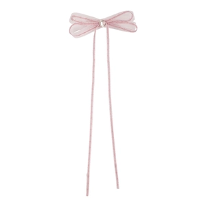 Pink ballet style tulle ribbon bow hair clip with rhinestone and long streamers