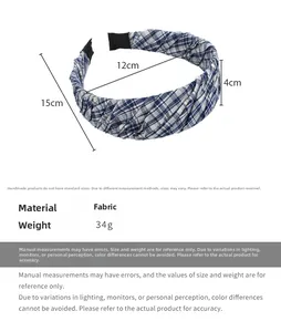 Detail view of blue plaid fabric headband with dimensions 15x12cm and 34g weight