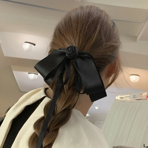 French Vintage Black Satin Bowknot Hair Clip With Handmade Camellia Rose Elegant Long Ribbon Tassel Hairpin For Women