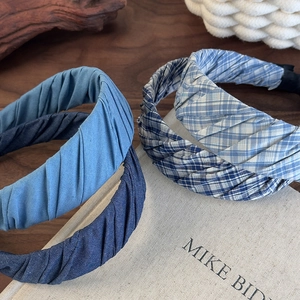 Set of four French vintage blue striped and plaid wide headbands with pleated fabric texture